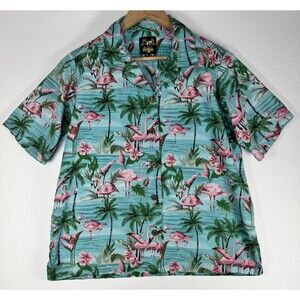 Benny's Hawaiian Shirt Men's Medium Blue Pink Flamingo Palm Tree‎ Tropical Aloha